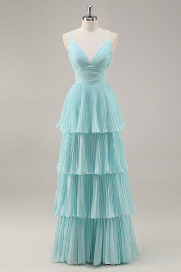 Green Chiffon A Line Pleated V Neck Ruffled Long Formal Dress